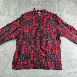 Vintage Koret Top Womens 12 Red Plaid Paisley Button Up Puff Sleeve Boho‎ USA